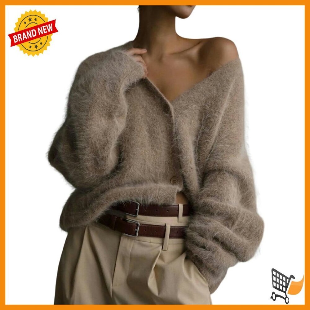Fuzzy V-Neck Cardigan Sweater Button Down Soft Knit Top Women's